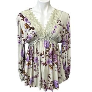 Romantic Gypsy Floral Babydoll Top Sage Purple Lace V-Neck Boho Women's Small